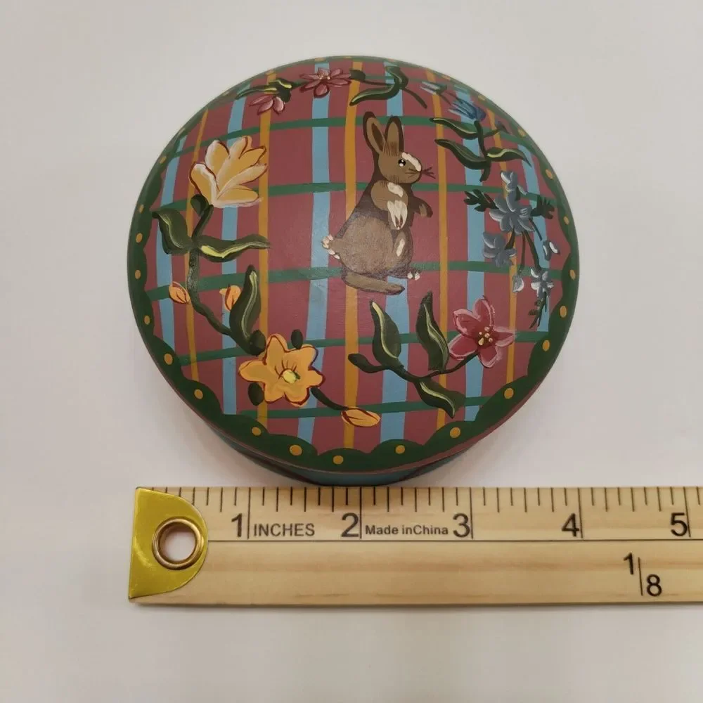 Hand Painted‎ Wood Trinket Jewelry Box Bunny Flowers Stripes Pastel 1997 Vintage